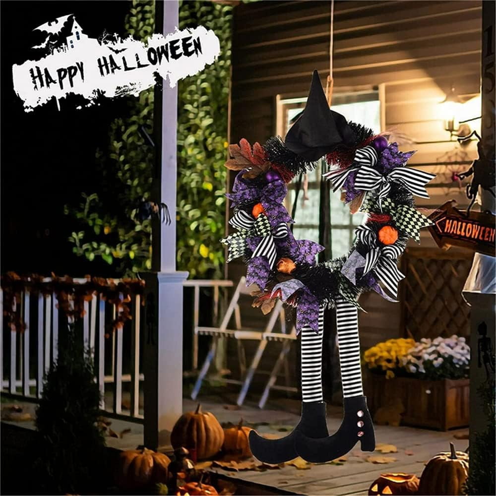 TETOU Halloween Wreaths for Front Door, 27" Witch Wreath Halloween Costumes, Autumn Door Wreath Witch's Hat and Legs Pumpkin Hallowe'en Indoor & Outdoor Wall Decor