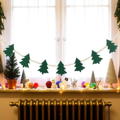 TETOU 4ft Christmas Tree Wooden Bead Garland,Cute Felt Xmas Tree Hanging Green White Bead Ornament String Festive Banner for Christmas New Year Party Home Mantel Wall Indoor Decoration
