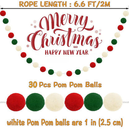 TETOU 3pk Christmas Pom Pom Garland Red Green White  Hanging Felt Ball String Banner Xmas Birthday Party Supplies