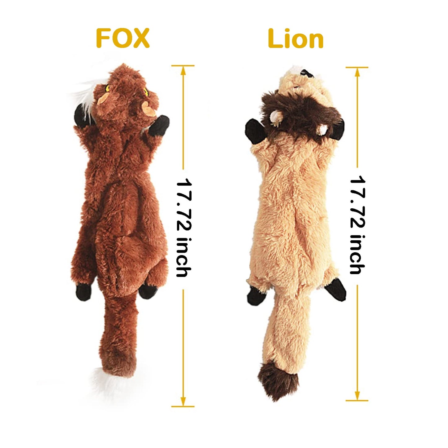 TETOU 2Pcs Squeaky Dog Toys, No Stuffing Crinkle Dog Toys, Interactive Dog Toy for Aggressive Chewers Large Medium Small Dogs (Fox & Lion)