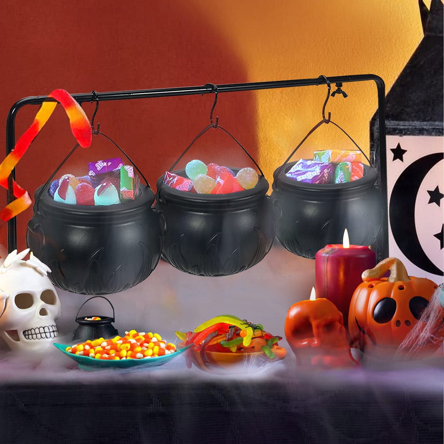 Halloween Decoration Witches Cauldron Serving Bowls on Rack Set of 3 Black Plastic Candy Bucket for Indoor Outdoor Home Kitchen Decoration