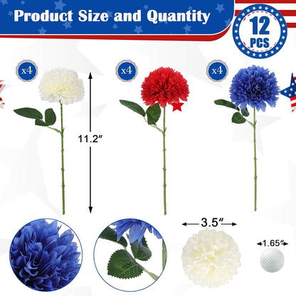 TETOU 12 Pcs Red White Blue Artificial Chrysanthemums Flowers Patriotic Flowers Decor,4th of July Fake Silk Mums Flowers for Home Indoor Patriotic Party Memorial Day Table Centerpiece Decorations