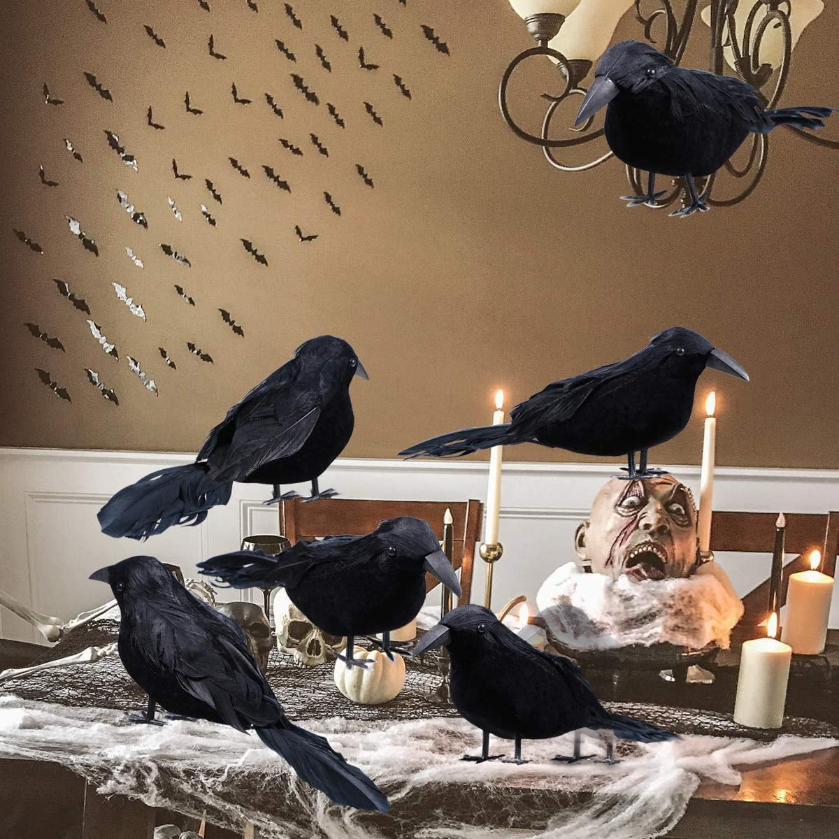 TETOU 6pcs Halloween Black Feathered Foam Crows Realistic Bird Halloween Ravens Decor Props