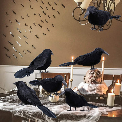 TETOU 6pcs Halloween Black Feathered Foam Crows Realistic Bird Halloween Ravens Decor Props