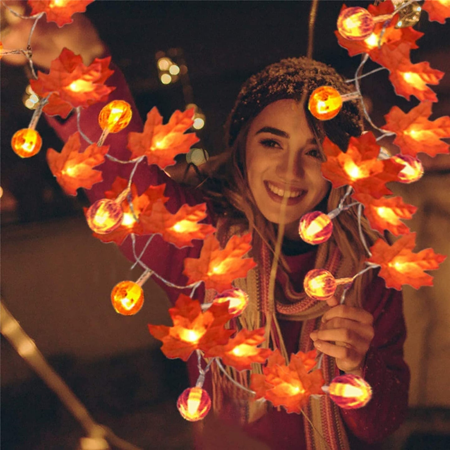 TETOU 19.6ft 40 Led Maple Leaf with Pumpkin Orange Lights Garland for Home Thanksgiving Decoration