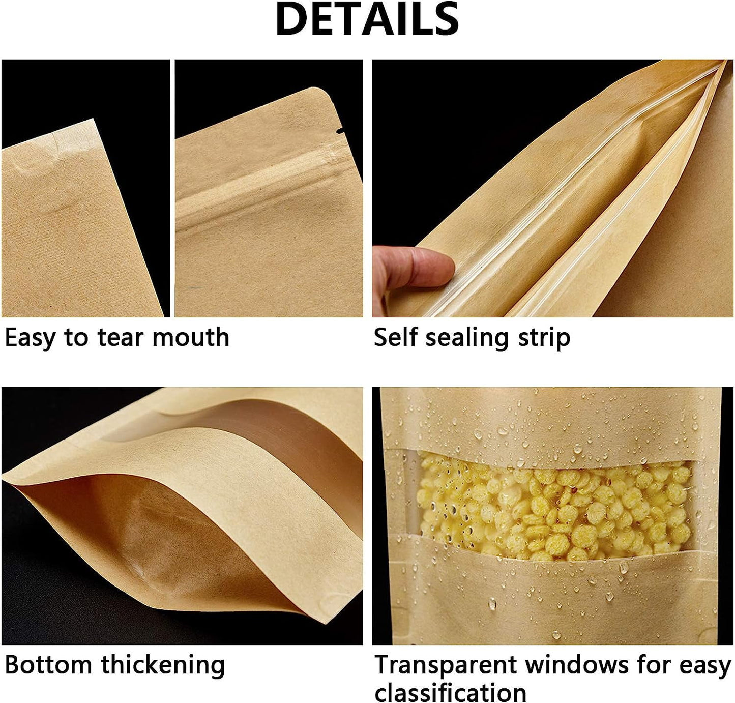 TETOU 100pcs Resealable bags 3.5*5.5" Stand Up Kraft Paper Bags Zip Lock Food Storage Bags for Packaging Products