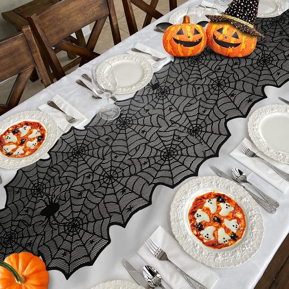 TETOU 13 x 72Inch Halloween Table Runner,Black Lace Spider Web Gothic Table Runners for Halloween Party Dinner Table Decoration