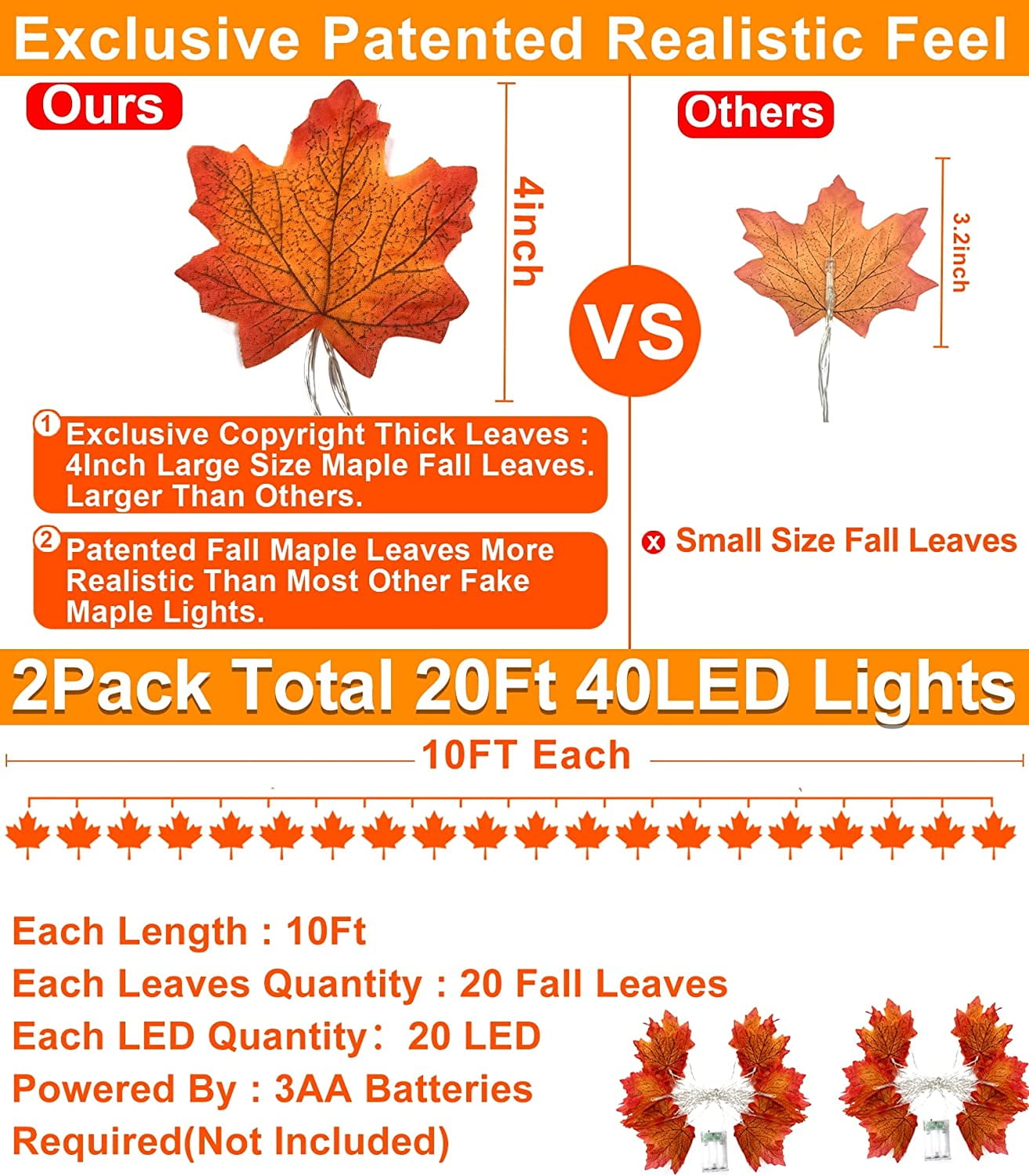 TETOU 2pcs Maple Leaves String Light 20Ft 40Led in total Orange Maple Garland Fall Thanksgiving Decoration