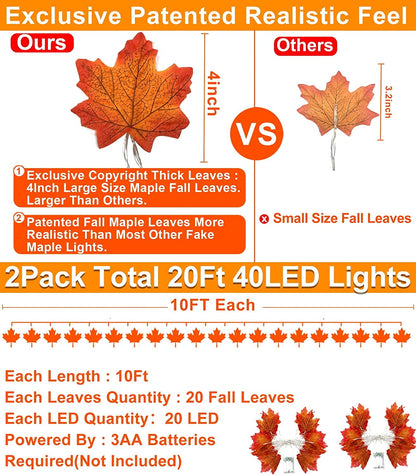 TETOU 2pcs Maple Leaves String Light 20Ft 40Led in total Orange Maple Garland Fall Thanksgiving Decoration