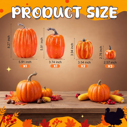 TETOU 7 Pcs Artificial Pumpkins, Faux Foam Fall Orange Pumpkins Decor for Halloween Thanksgiving Indoor Outdoor Home Autumn Farmhouse Harvest Tabletop Decorations