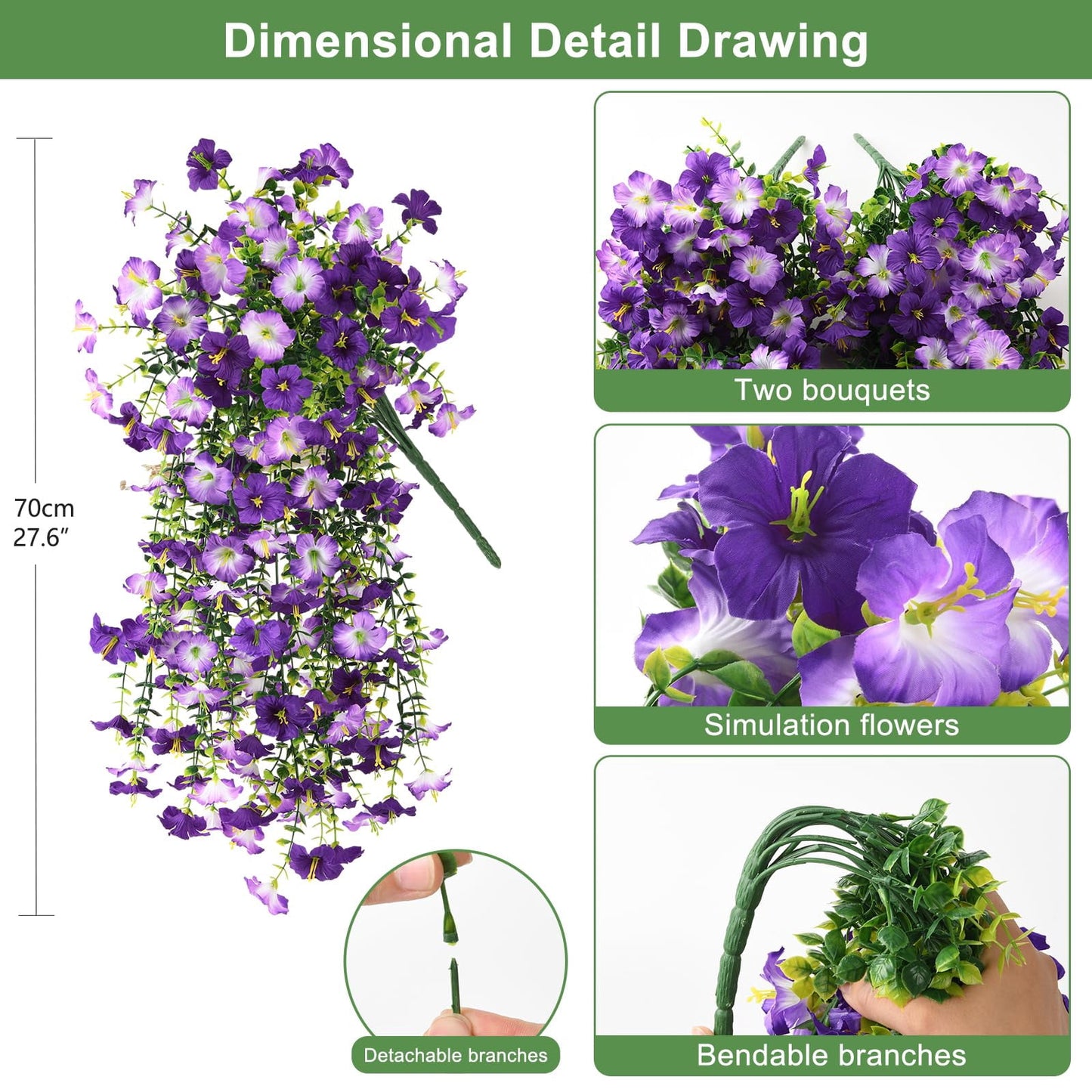 TETOU 2pcs Outdoor Artificial Fake Hanging Flowers, UV Resistant Morning Glory with Eucalyptus Leaves Faux Flowers for Spring Summer Outside Balcony Porch Patio Yard Garden Decoration(Double Purple)
