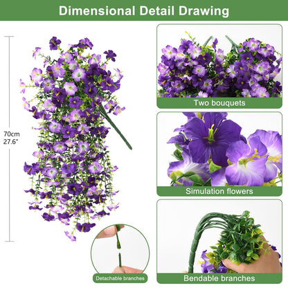 TETOU 2pcs Outdoor Artificial Fake Hanging Flowers, UV Resistant Morning Glory with Eucalyptus Leaves Faux Flowers for Spring Summer Outside Balcony Porch Patio Yard Garden Decoration(Double Purple)