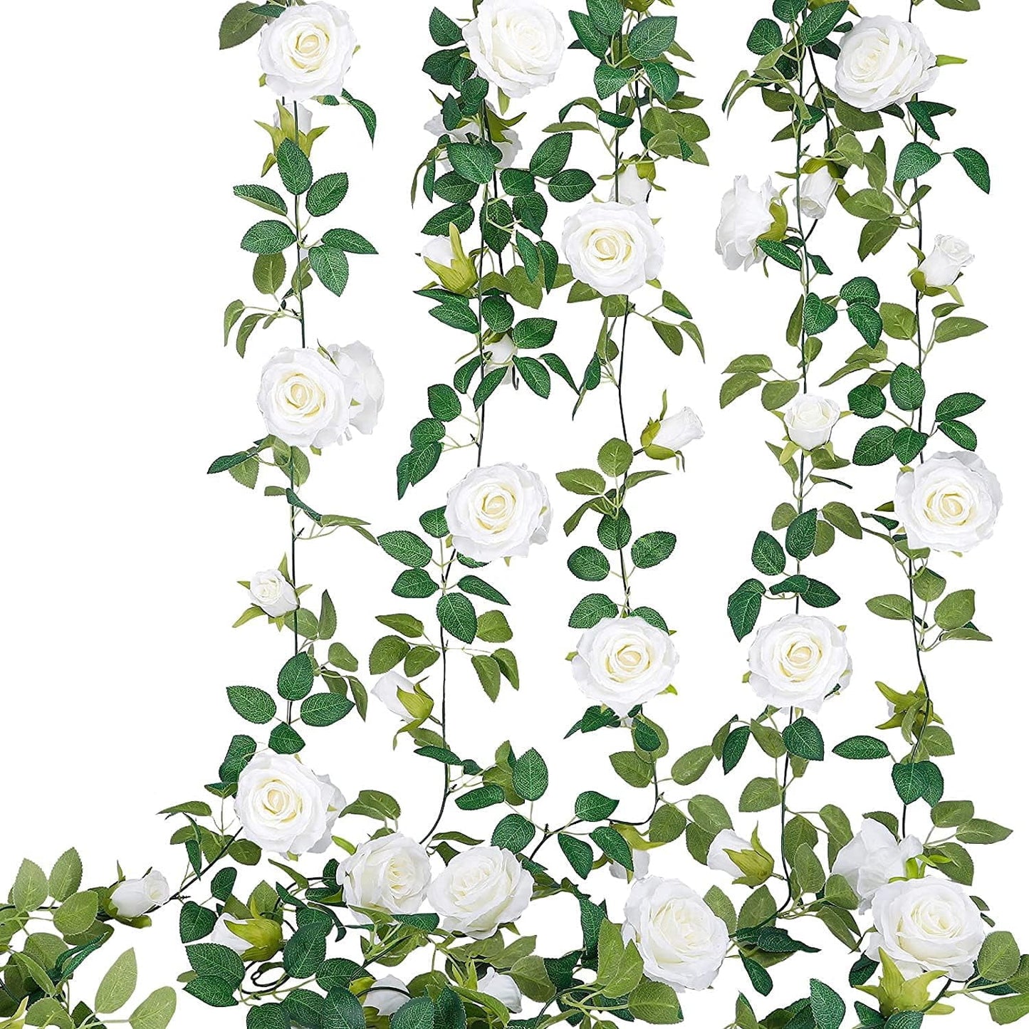 TETOU 4pcs Flower Garland, Faux Artificial Floral Garland Fake Rose Hanging Vine for Wedding Arch Garden Ceremony Background Outdoor Wall Decoration - White