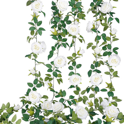 TETOU 4pcs Flower Garland, Faux Artificial Floral Garland Fake Rose Hanging Vine for Wedding Arch Garden Ceremony Background Outdoor Wall Decoration - White