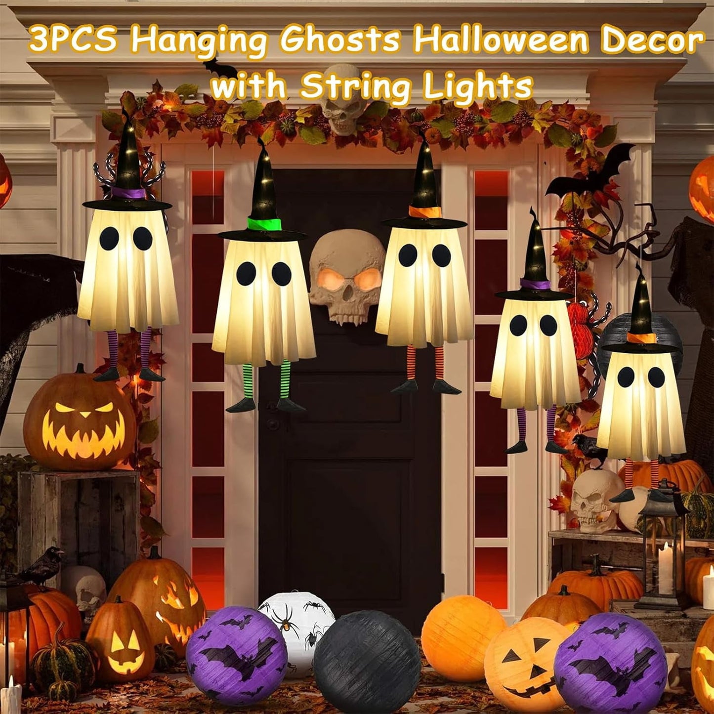 TETOU Set of 3 Halloween Hanging Ghosts,Halloween Decorations Outdoor Hanging Ghosts with Witch Hat,Glowing Ghost Witch Hat Lights Halloween Ghost Decor for Yard Patio Garden Tree Outside