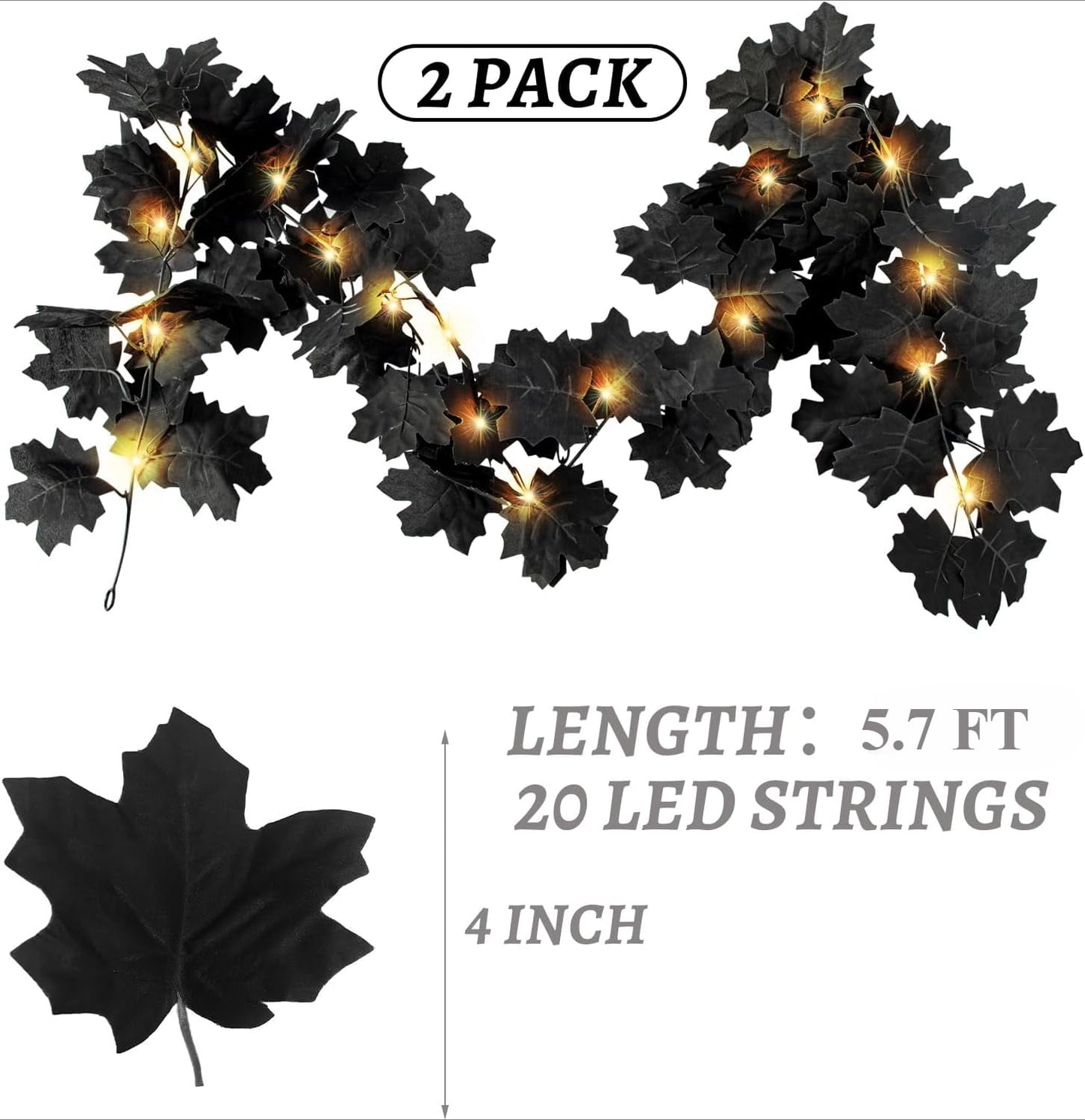 TETOU 2PCS Black Maple Leaf Garland with Warm Lights,5.7Ft Halloween Artificial Hanging Fall Leave Vines for Fall Halloween Party Home Mantle Wall Indoor Outdoor Decoration