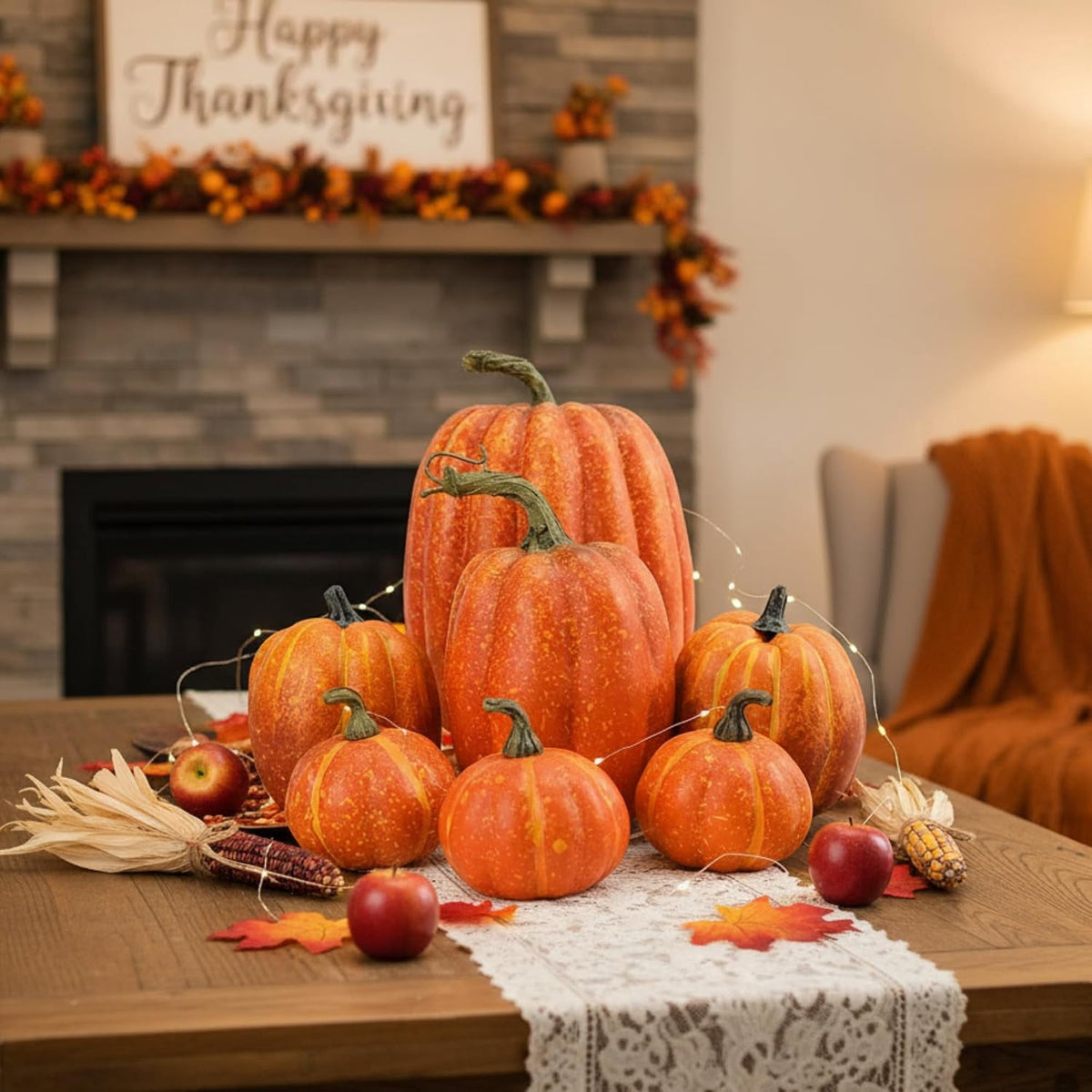 TETOU 7 Pcs Artificial Pumpkins, Faux Foam Fall Orange Pumpkins Decor for Halloween Thanksgiving Indoor Outdoor Home Autumn Farmhouse Harvest Tabletop Decorations
