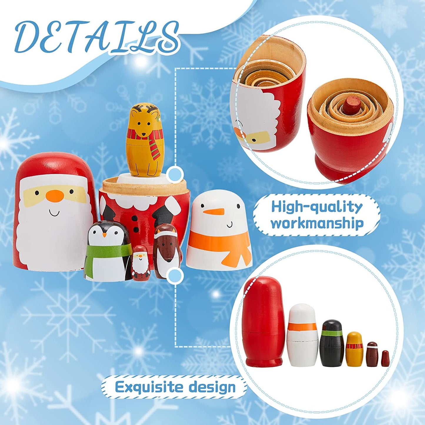 TETOU 6 Layer Christmas Nesting Dolls Wooden Santa Claus Matryoshka Doll Toy for Kids Children Gifts