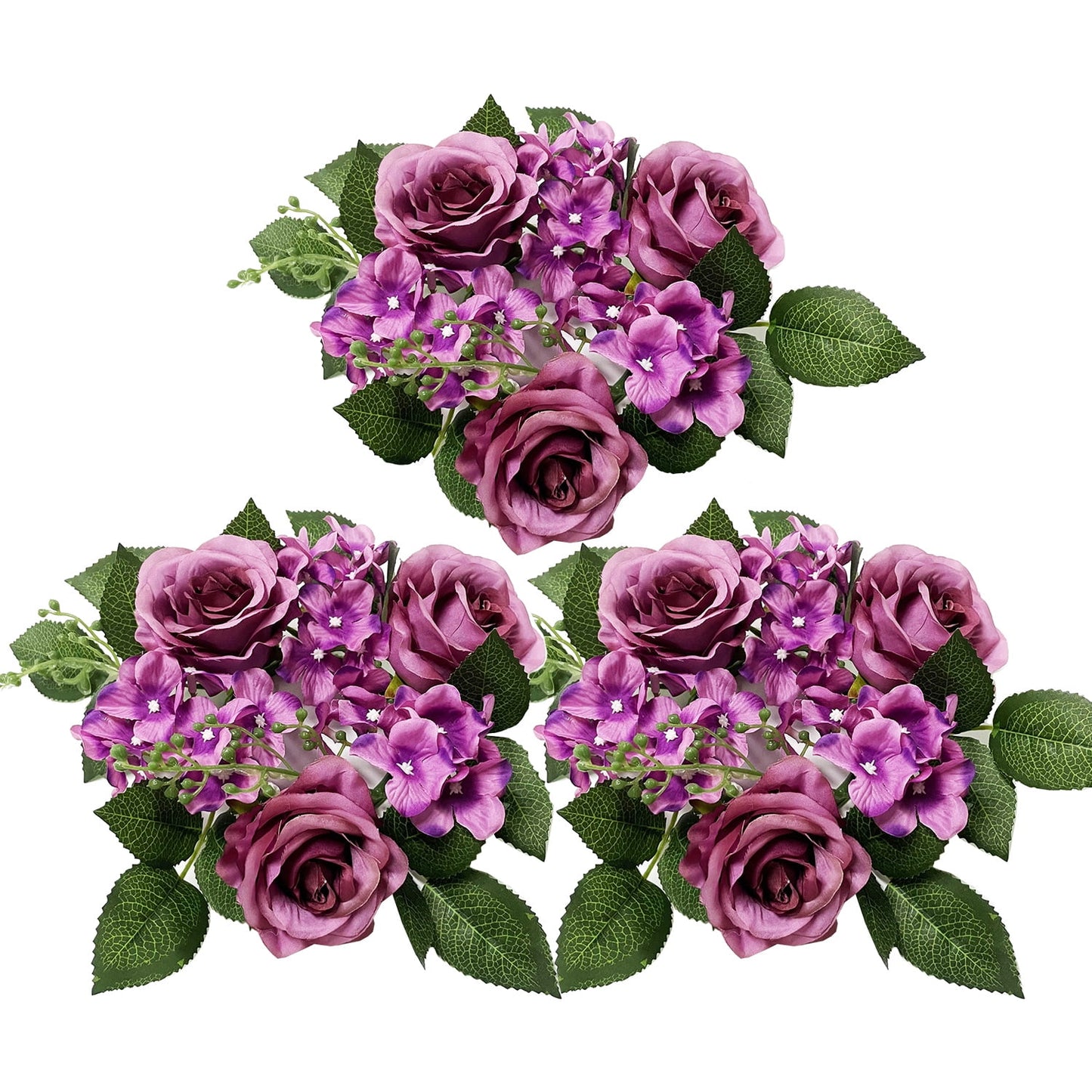 3 Pack Artificial Rose Candle Ring Flower Wreaths for Candlestick Wedding Table Decoration
