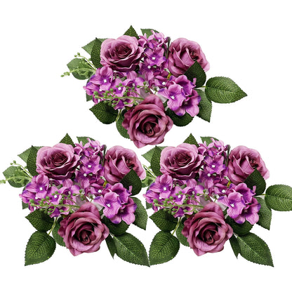 3 Pack Artificial Rose Candle Ring Flower Wreaths for Candlestick Wedding Table Decoration