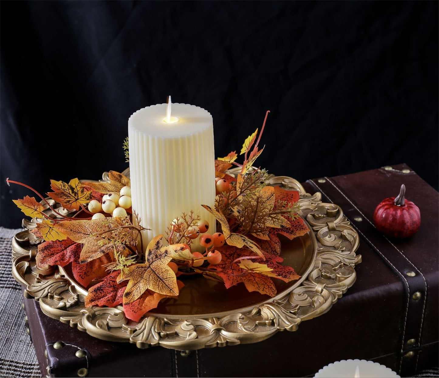 TETOU 2Pcs Artificial Maple Leaves Candle Rings Berry Wreaths for Pillar Candle Holder, Thanksgiving Candle Rings Wreath for Autumn Thanksgiving Wedding Home Door Tabletop Decoration - Orange