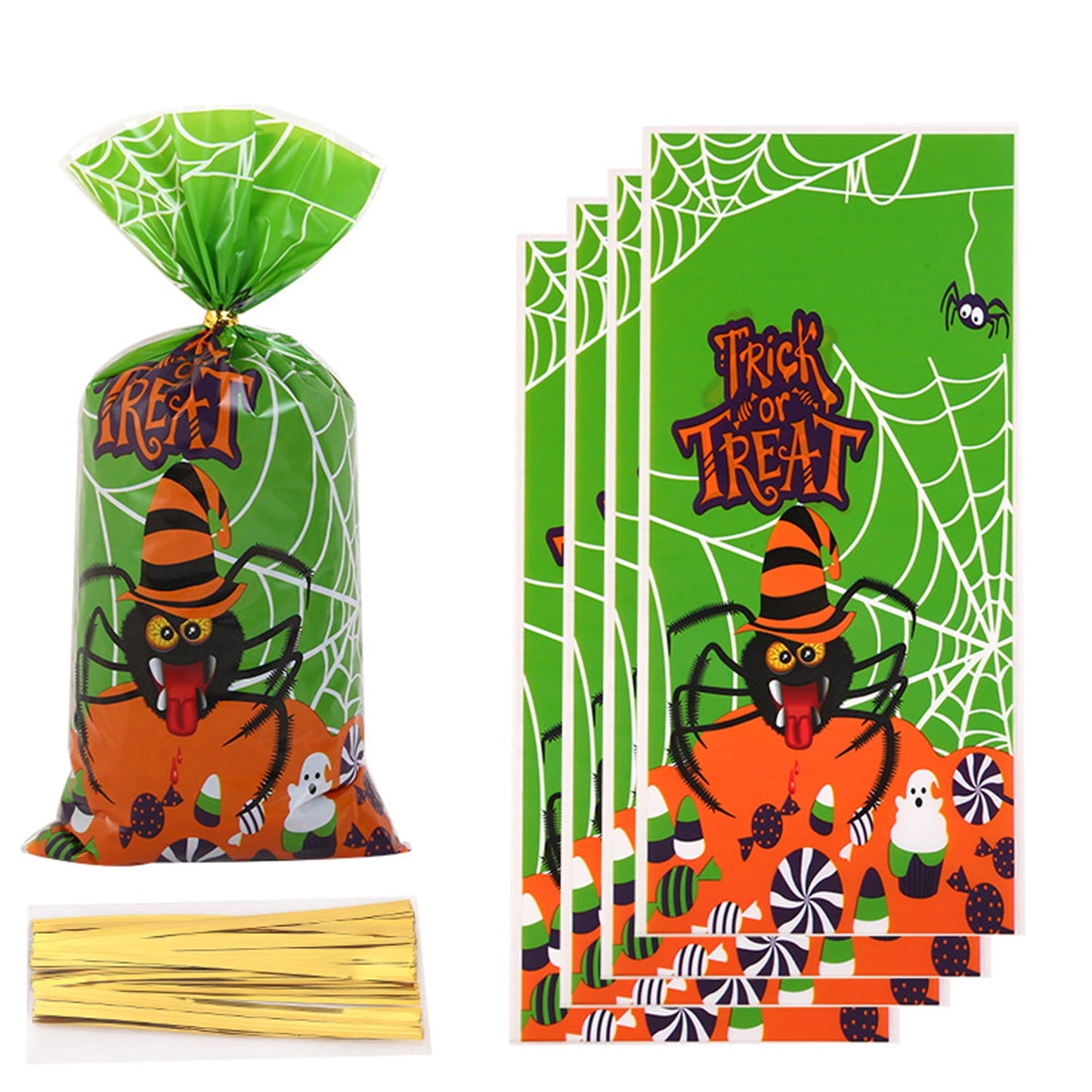 TETOU 50Pcs Hallowe'en Cellophane Treat Bags, 4.92*10.93" Multi Color Candy Bags Bats Pumpkin and Witch Halloween Goody Bags with Twist Ties for Snacks Cookies Packing Halloween Party Favor