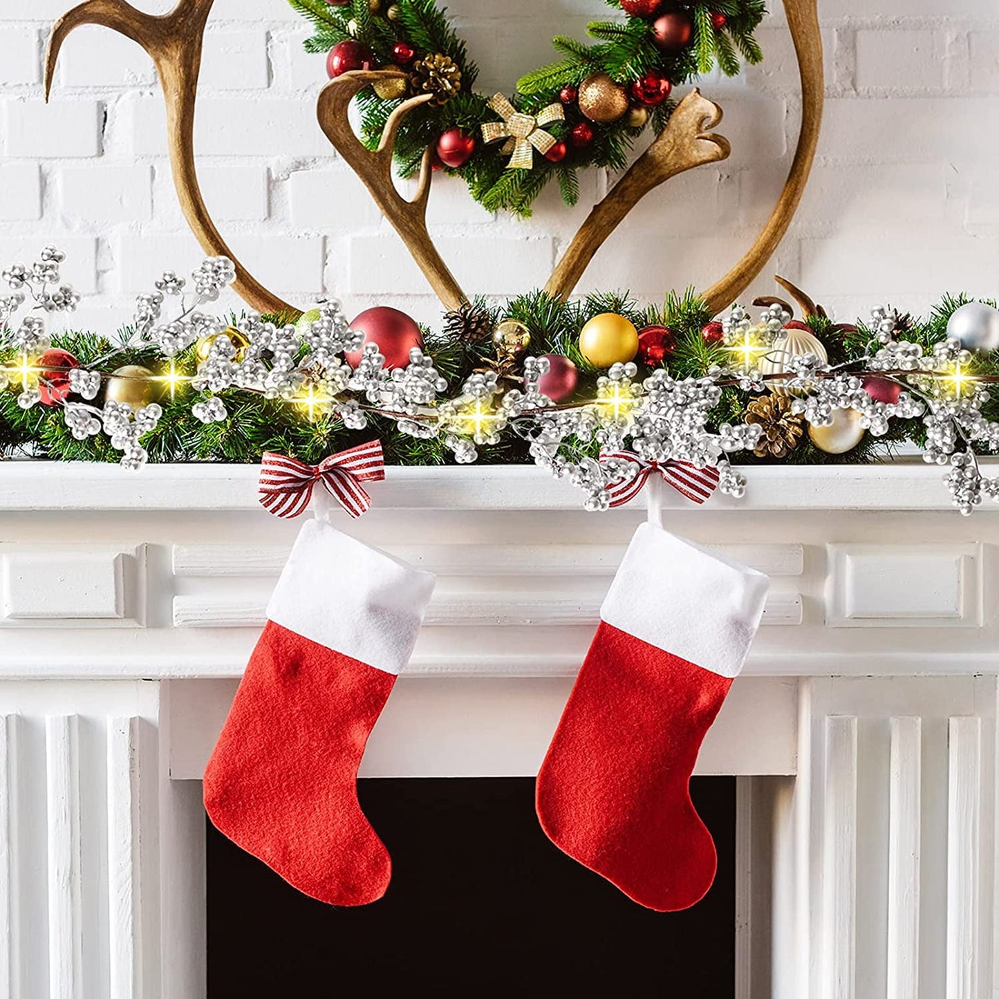 TETOU 5.9ft Silver Berry Christmas Garland with Light Artificial Garland for Indoor Mantle Staircase Home Xmas Decoration