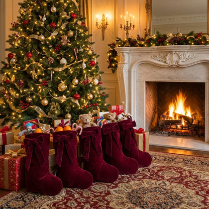 TETOU 18.9" Velvet Christmas Stockings, Extra Thick Large Bow Velvet Christmas Stockings for Fireplace Family Holiday Christmas Gifts Party Decorations(Burgundy)