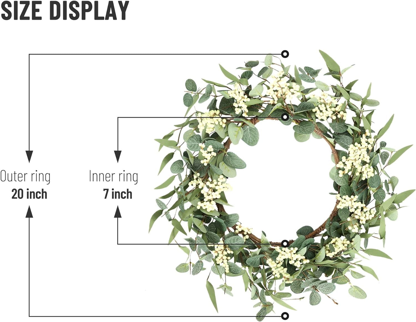 TETOU 20" Artificial Wreath, Eucalyptus Wreath, Spring Summer Wreath for Front Door Outside Farmhouse Decor Eucalyptus Wreath Window Hanging Wall Party Decorations