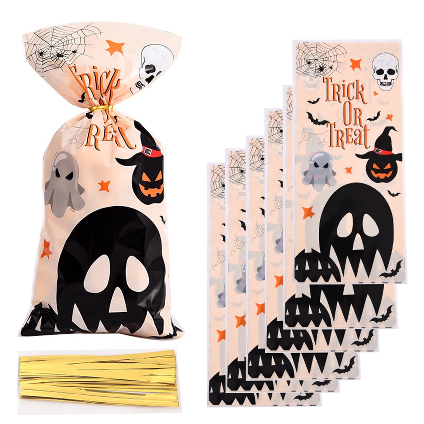 TETOU 50Pcs Halloween Cellophane Treat Bags, 4.92*10.93" Multi Color Candy Bags Bats Pumpkin and Witch Halloween Goody Bags with Twist Ties for Snacks Cookies Packing Halloween Party Favor