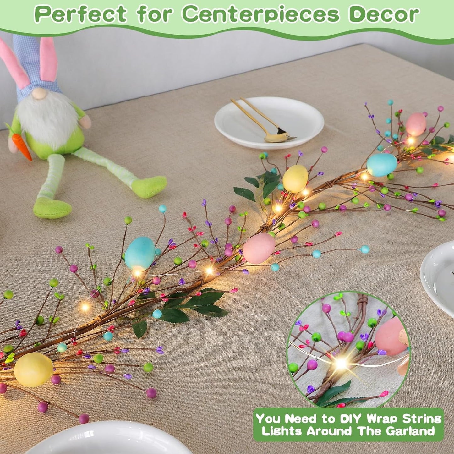 TETOU 6 Ft 20 LED Easter Egg and Mixed Berry Garland,Hanging Rustic Pastel Spring Easter Decor,Artificial Easter Garland with Light for Indoor Outdoor Home Fireplace Party Door Decoration