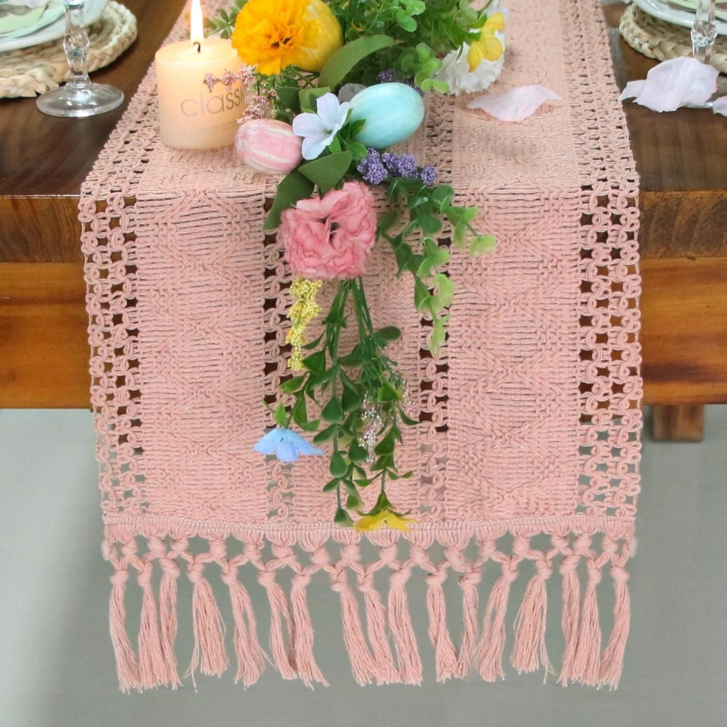 TETOU Boho Table Runner 12x72 Inch with Tassels Farmhouse Bohemian Table Runner Dining Rustic Home Decor - Pink