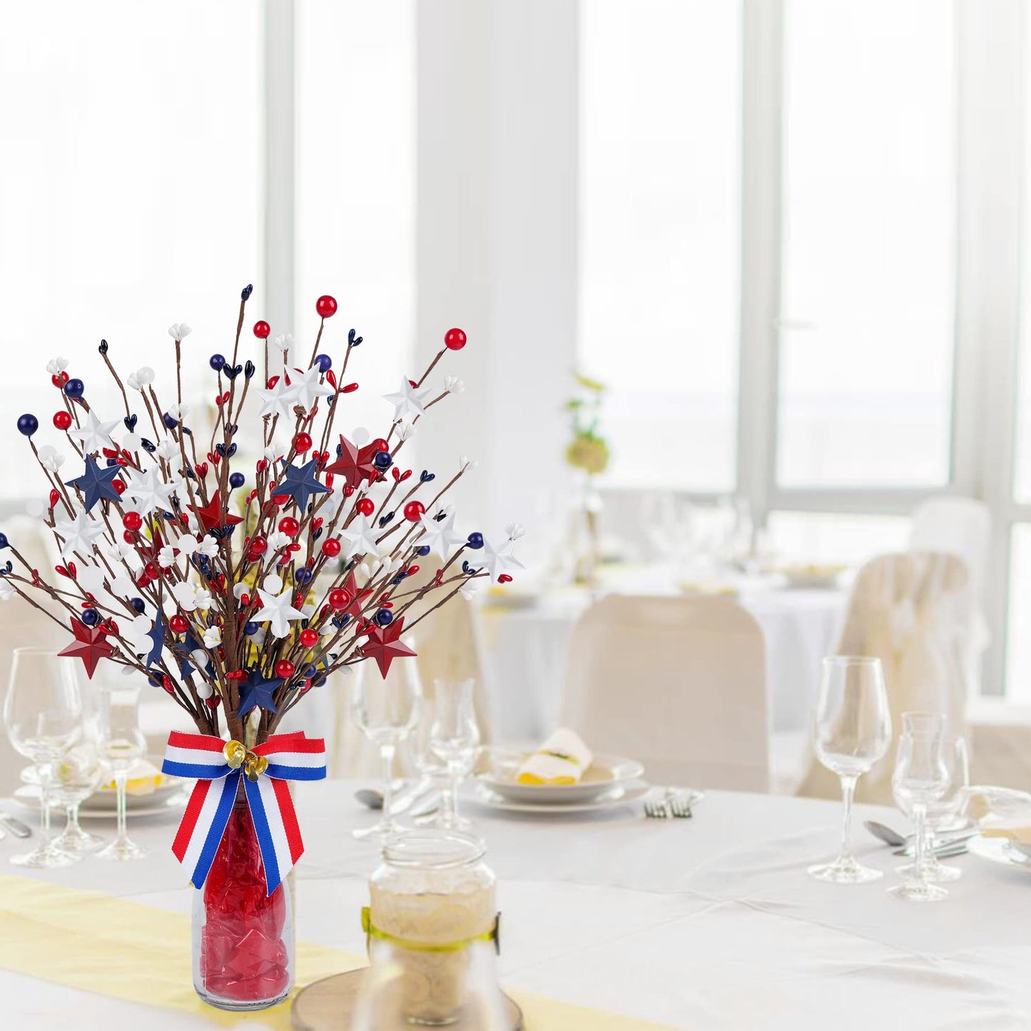 TETOU 4th of July Patriotic Artificial Berry Stem Picks, 4pcs 14.6" White Blue Red Stars Faux Berry Branches for Independence Day Home Office Restaurant Vase Patriotic Decorations