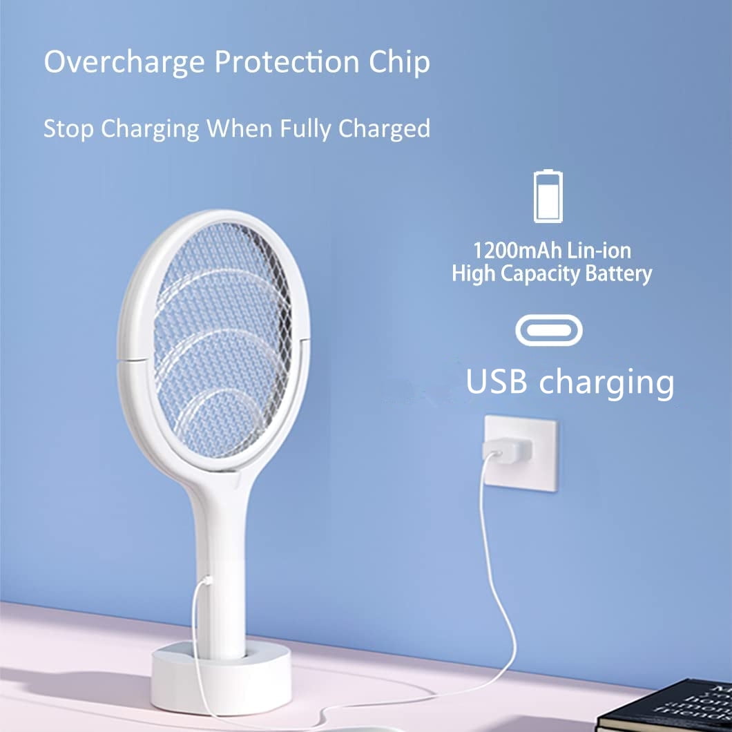 TETOU 1 Pack Electric Fly Swatter Racket Rotating Head USB Rechargeable Electric Racket Mosquito Kill Fruit Fly Trap Racket Wasp Kill Indoor
