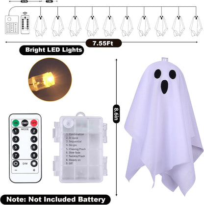 TETOU 7.55FT Halloween Decorations,8 Modes Light Up Ghost Garland,Handmade LED Ghost String Lights Banner for Halloween Home Party Fireplace Mantle Porch Windows Indoor Outdoor Decor