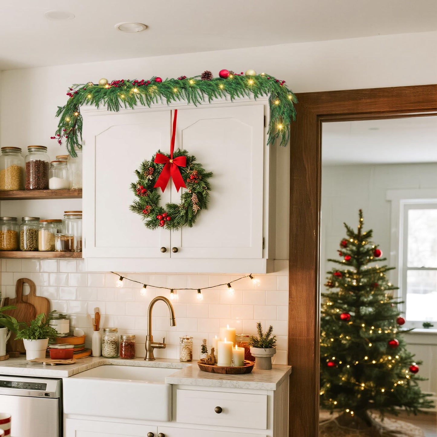TETOU 6ft Norfolk Pine Garland Christmas Garlands with Warm White LED Lights Faux Greenery Pine Garland for Holiday Decor
