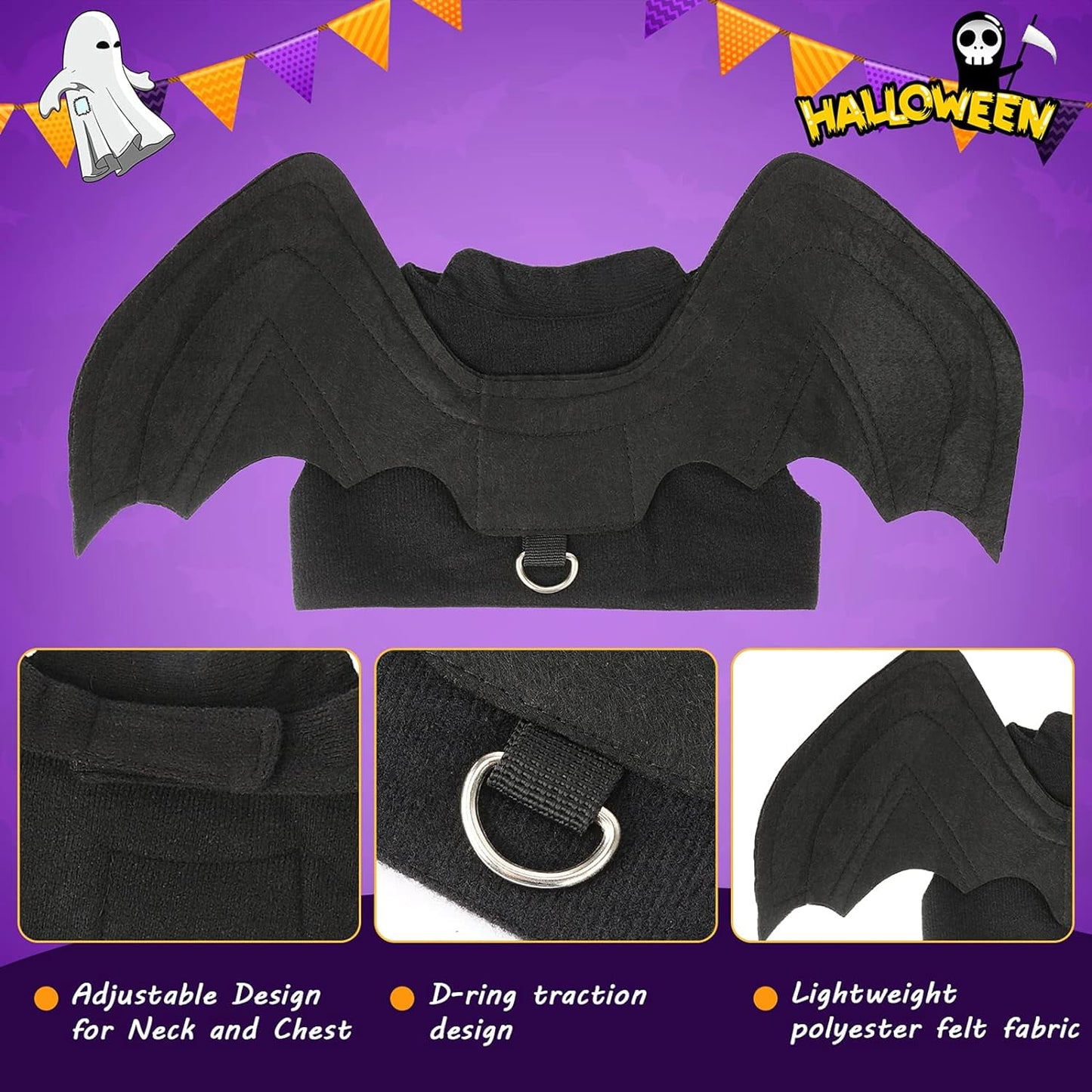 TETOU Dog Halloween Costume, Halloween Bat Fairy Wings Pet Harness Costumes for Dogs Cats Hallowe'en Party
