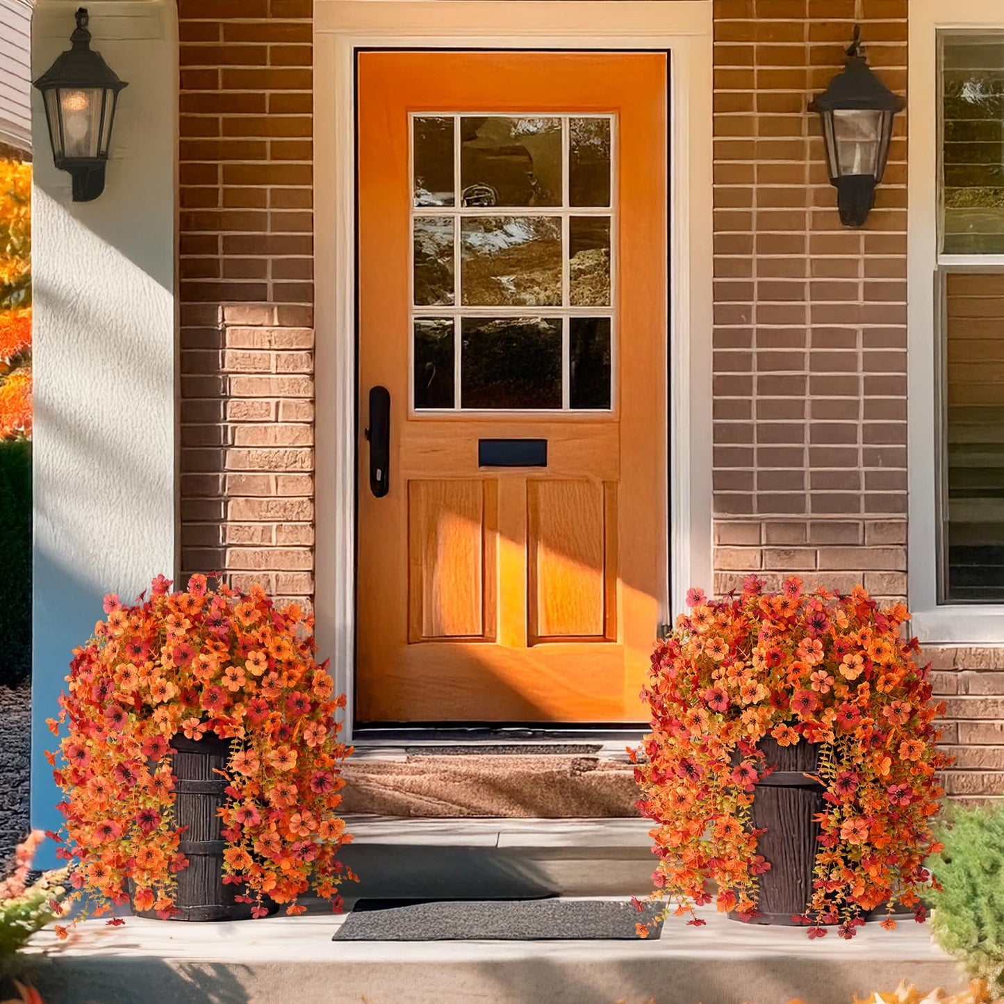 TETOU Artificial Hanging Flowers for Outdoor,2 Pcs UV Resistant No Fade Fake Silk Daisy Flower for Fall Thanksgiving Outside Planter Front Door Garden Farmhouse Decoration(Orange Autumn Red)