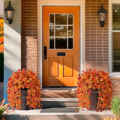TETOU Artificial Hanging Flowers for Outdoor,2 Pcs UV Resistant No Fade Fake Silk Daisy Flower for Fall Thanksgiving Outside Planter Front Door Garden Farmhouse Decoration(Orange Autumn Red)