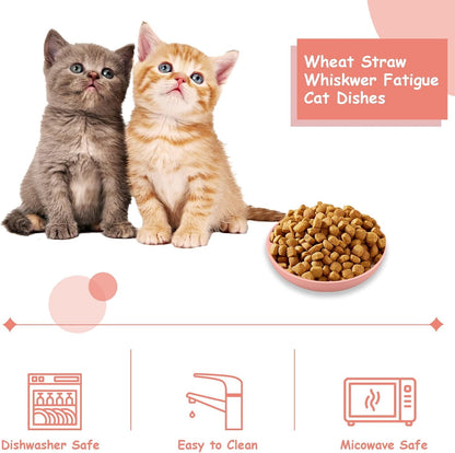 TETOU 6Pcs Whisker Friendly Fatigue Cat Bowl, 5.5" Shallow Cat Food Dish Wide Cat Wet Feeding Bowls, Wheat Straw Plate for Kittens and Short Legged Cat