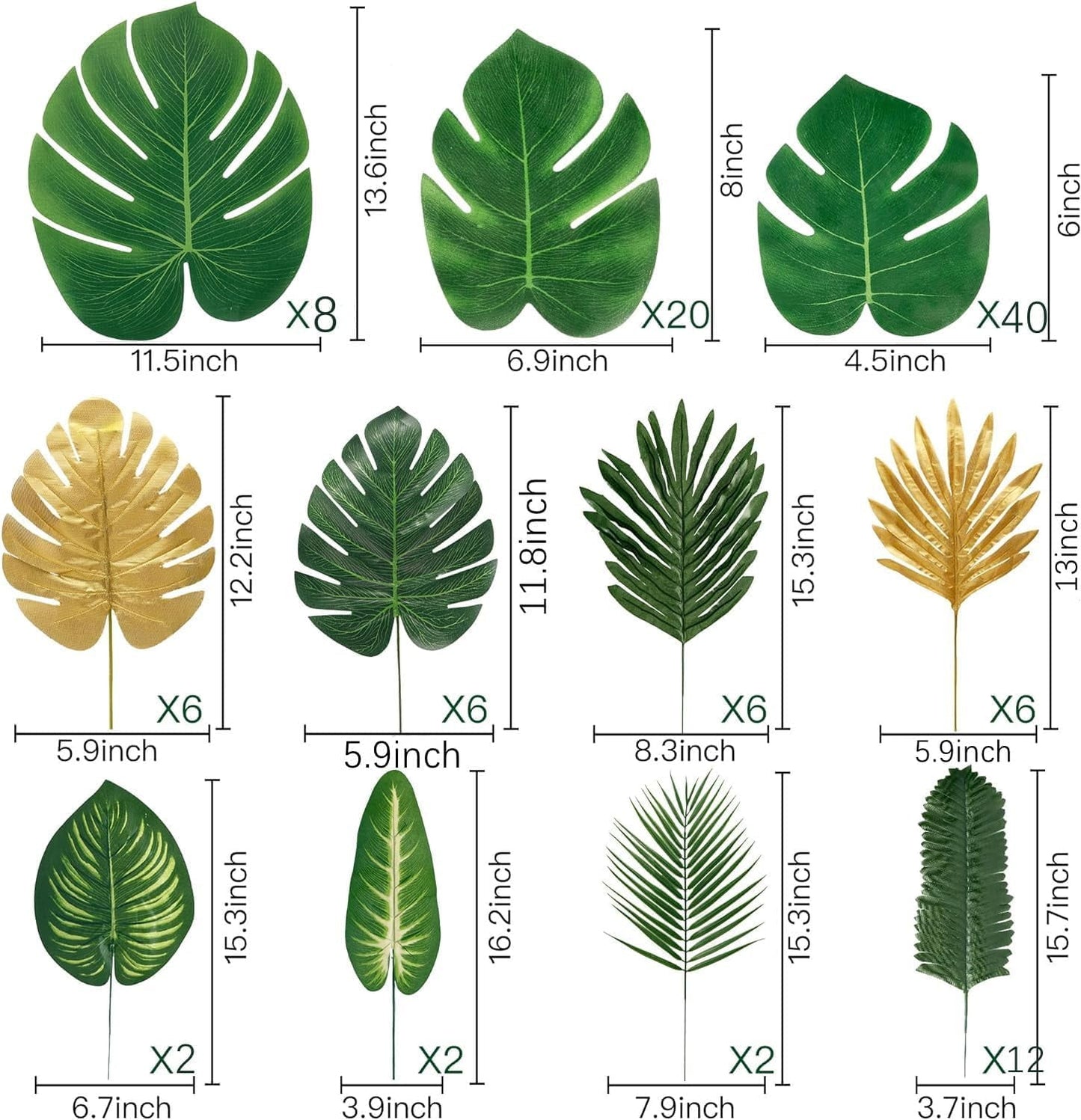 TETOU 110 Pieces 11 Kinds Artificial Tropical Palm Leaves Tropical Leaves Monstera Leaves Safari Jungle Leaf with Stems for Hawaiian Luau Party Beach Table Wedding Shower Birthday Theme Decorations