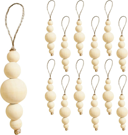 TETOU Boho Christmas Tree Ornaments,12pcs Rustic Wooden Beads Natural Modern Minimalist Xmas Decorative for Home Christmas Tree Bohemian Holiday Decor