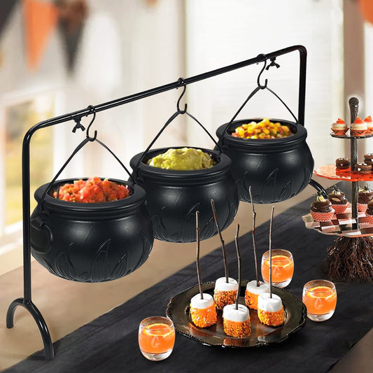 Halloween Decoration Witches Cauldron Serving Bowls on Rack Set of 3 Black Plastic Candy Bucket for Indoor Outdoor Home Kitchen Decoration
