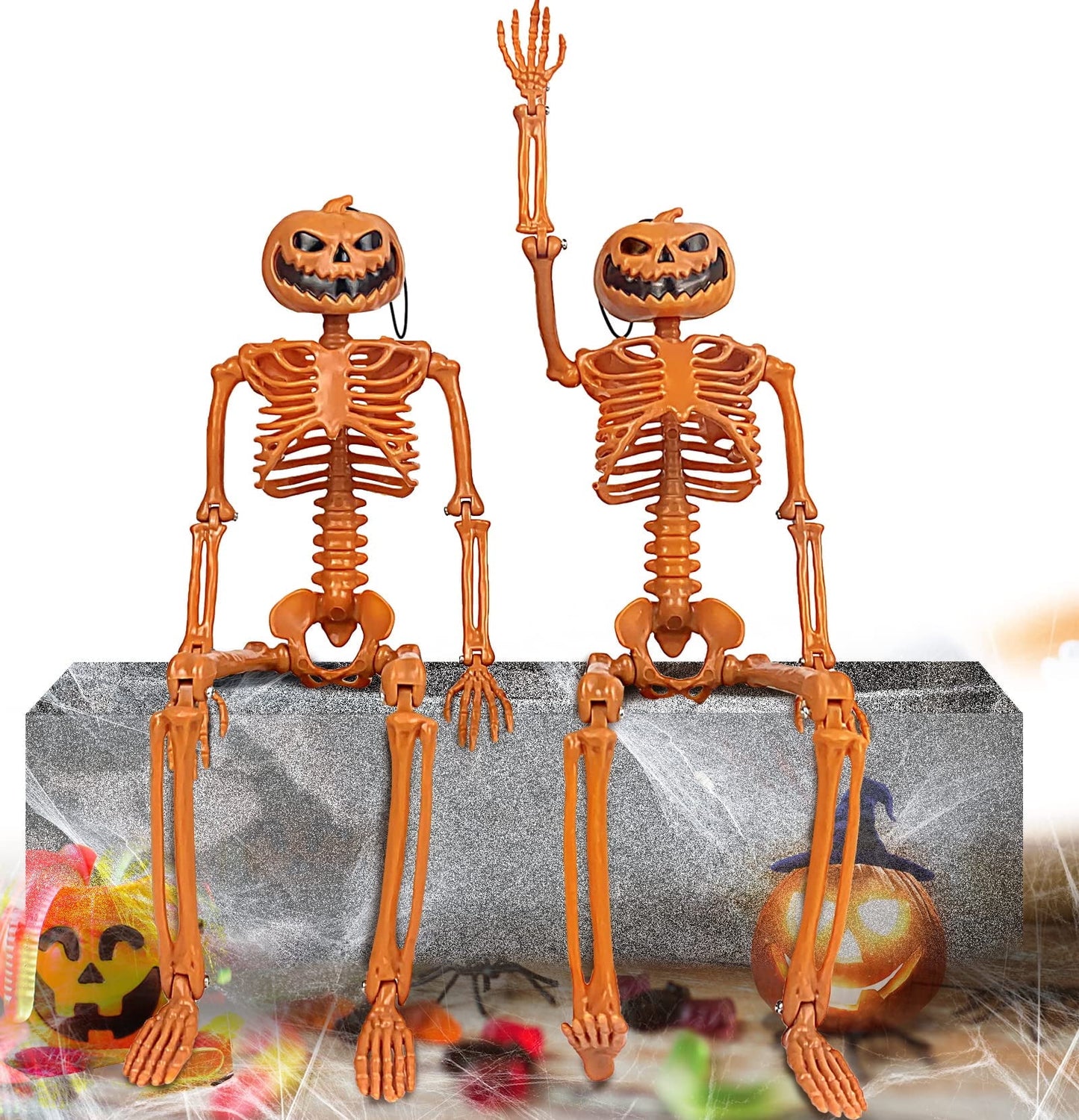 Halloween Pumpkin Skeleton Decorations with Posable Joints Skeletons for Party Haunted House Props Decorations, 2 Packs