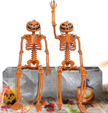 Halloween Pumpkin Skeleton Decorations with Posable Joints Skeletons for Party Haunted House Props Decorations, 2 Packs