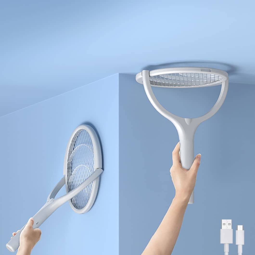 TETOU 1 Pack Electric Fly Swatter Racket Rotating Head USB Rechargeable Electric Racket Mosquito Kill Fruit Fly Trap Racket Wasp Kill Indoor