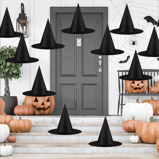 TETOU 10 PCS Halloween Decorations Witch Hats Costume Accessory,Thickened Hanging Black Wizard Hat with Rope for Porch Ceiling Yard Indoor Outdoor Halloween Party Decor