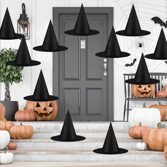 TETOU 10 PCS 15In Halloween Decorations Witch Hats Costume Accessory,Thickened Hanging Black Wizard Hat with Rope for Porch Ceiling Yard Indoor Outdoor Halloween Party Decor