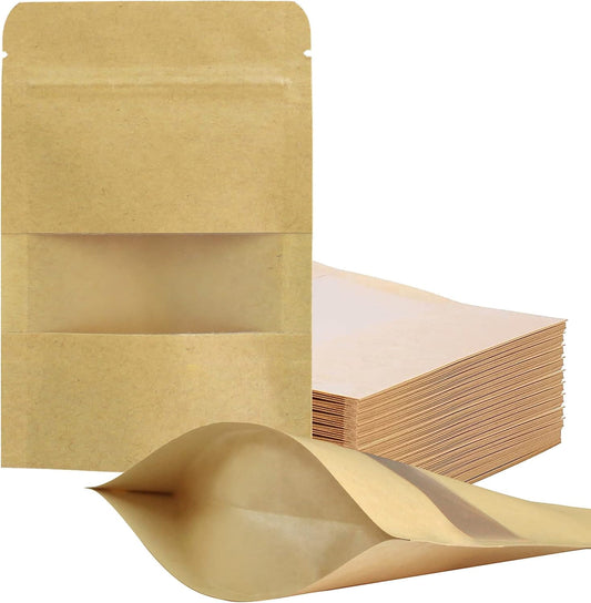 TETOU 100pcs Resealable bags 3.5*5.5" Stand Up Kraft Paper Bags Zip Lock Food Storage Bags for Packaging Products