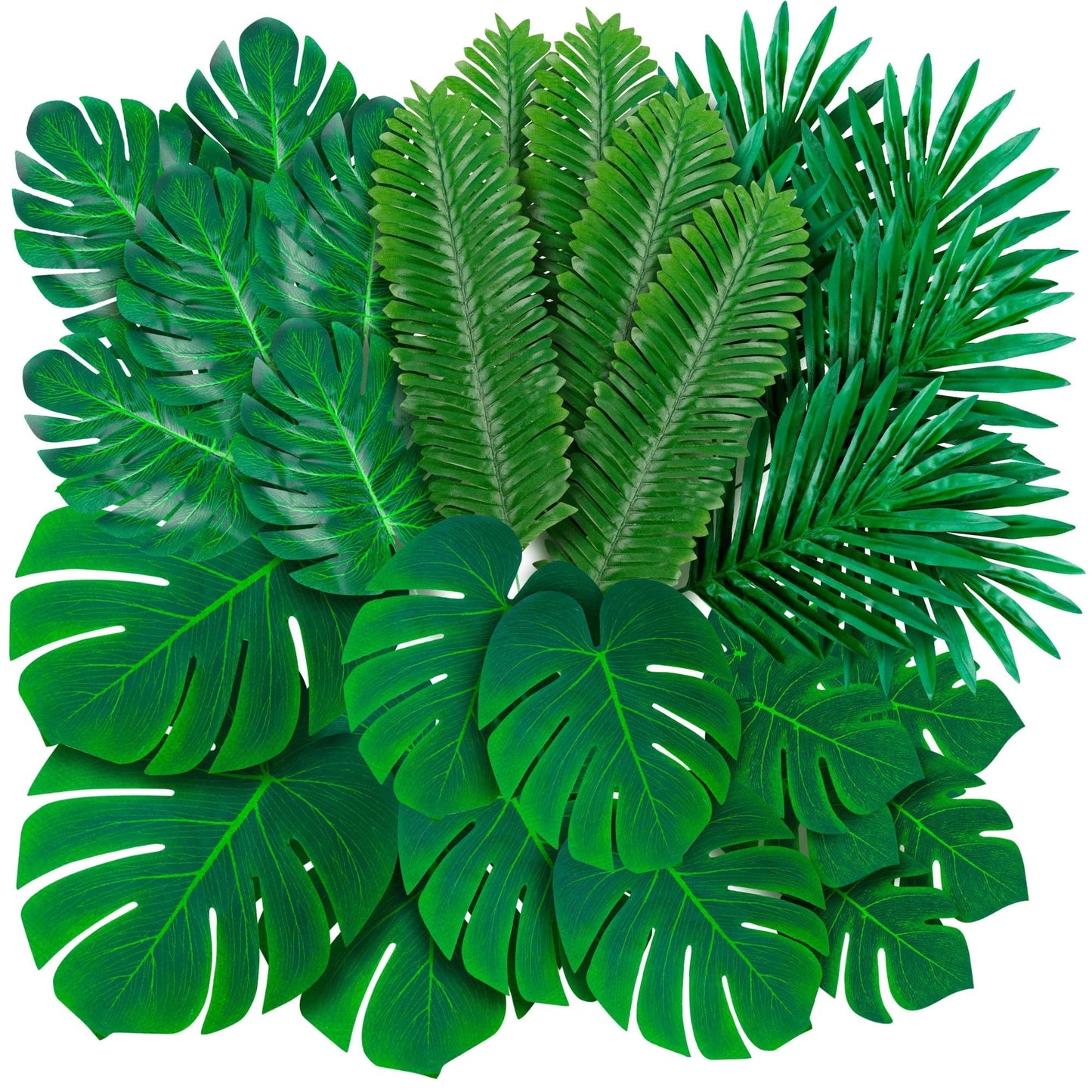 TETOU 36Pcs Palm Leaves Artificial Tropical Monstera, 6 Kinds Large Small Green Fake Palm Leaf with Stems for Home Kitchen Party Flowers Arrangement Wedding Hawaiian Party Table Decoration